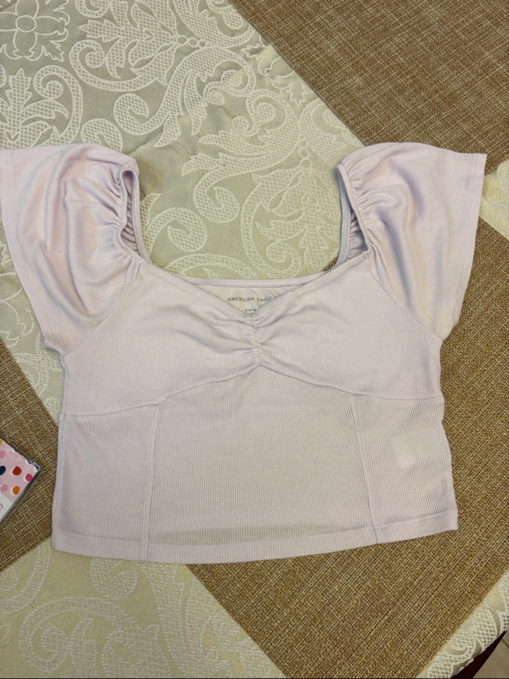 American Eagle Outfitters Light Lavender Ribbed Puff-Sleeve Crop Top